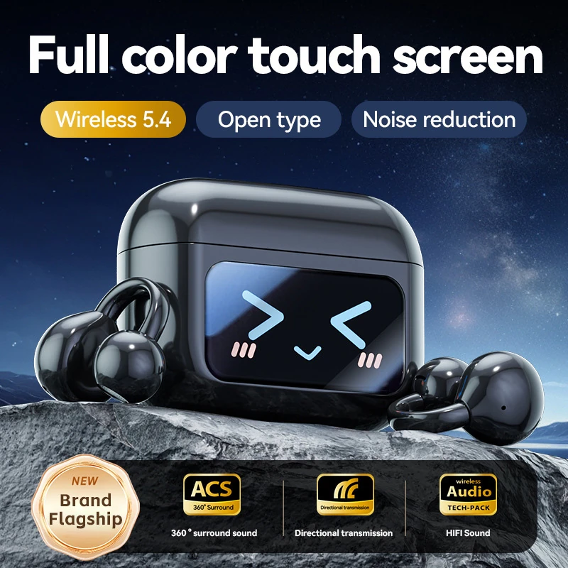 BS01 Digital Display Touchscreen Earhook Bluetooth Headphones with Bone Conduction and Extra-Long Battery Life for Sports