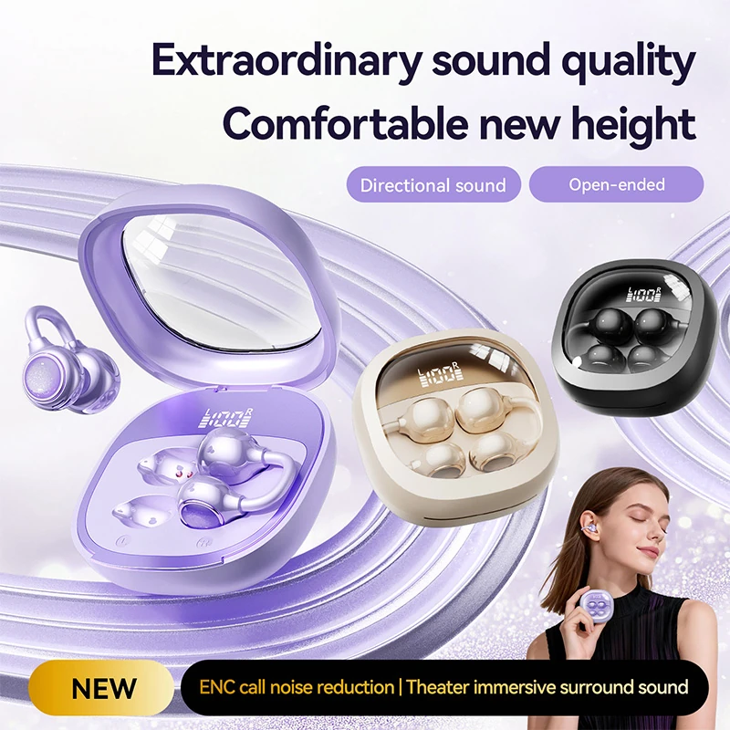 BS02 Clip-on Bluetooth Headphones: Bone Conduction, In-Ear-Free,  High-Quality Sound, Noise Cancellation, Ultra-Long Battery Life