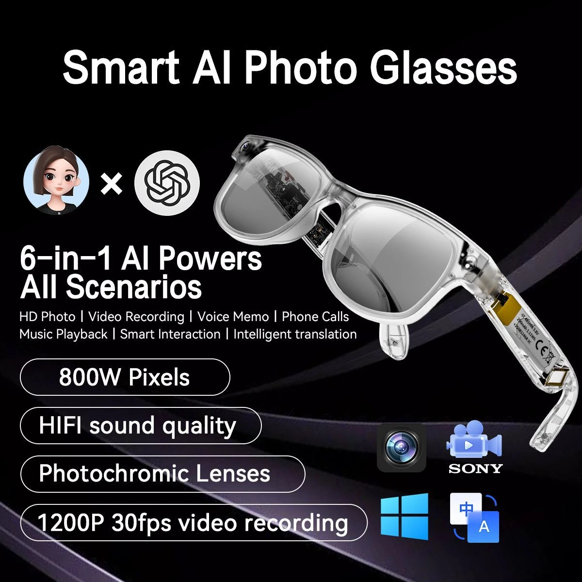 G2 AI Smart Glasses: Business Bluetooth Music Translation Sunglasses for Driving, Cycling, Calls, and Voice Recording