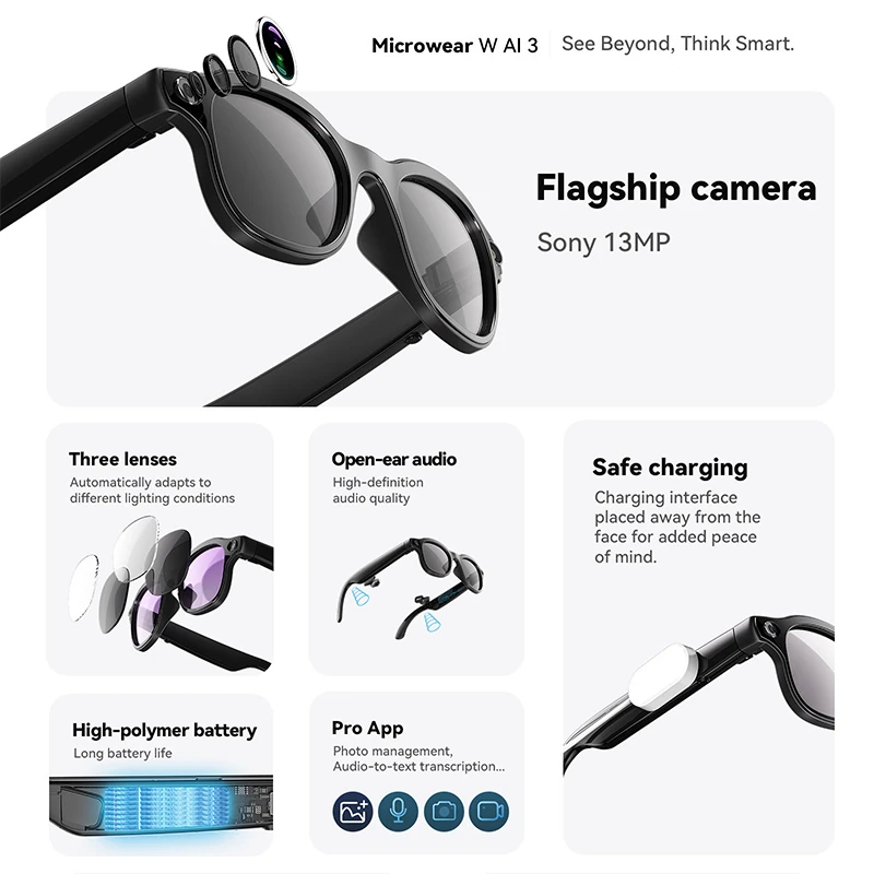 W3 AI Smart Glasses: Bluetooth Calling, Large Language Models, Photo and Video Recording 8-megapixel camera triple-lens system wireless charging