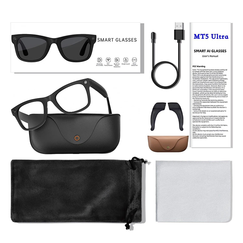 MT5 Ultra AI Smart Glasses: 8-megapixel camera, video recording, music playback, real-time translation, and charging case included