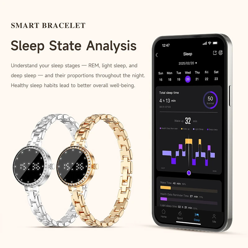 L6 Smart Women's Bracelet: Call and Message Alerts, Multiple Exercise Modes, Heart Rate, Blood Oxygen, and Sleep Monitoring