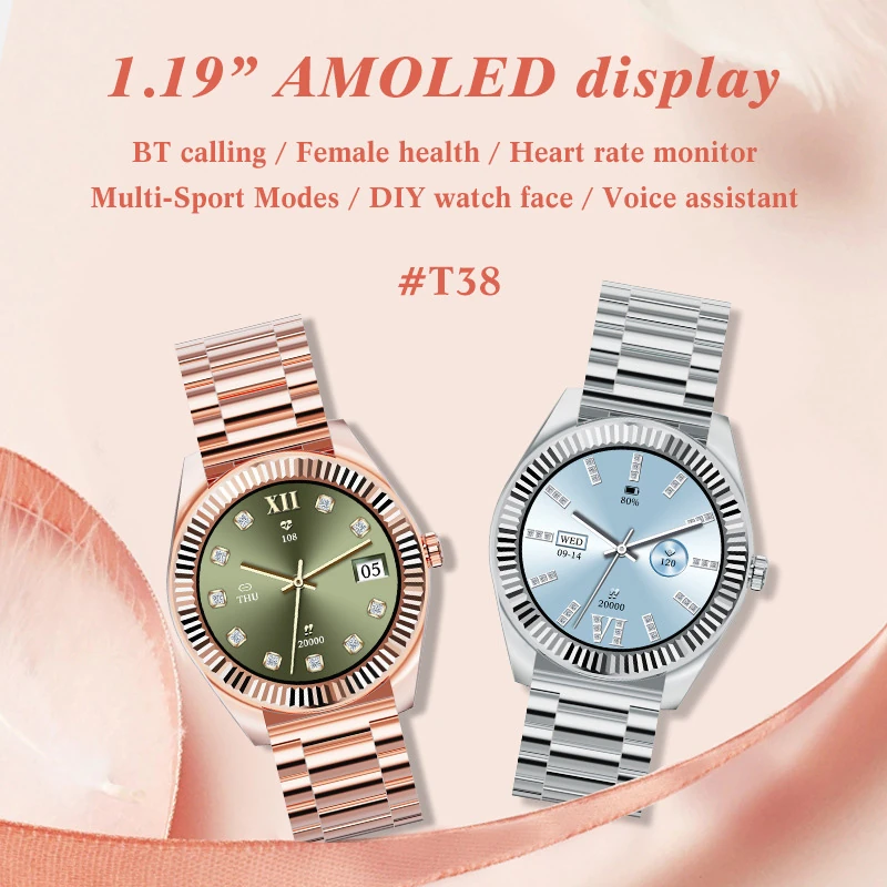 T38  1.19-inch AMOLED Bluetooth Call-Enabled Fashionable IP68 Sports Smartwatch for Women