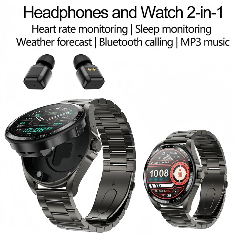 F36 Smartwatch and Earbuds 2-in-1: Calls and Music, Bluetooth 5.3 Flip-Style TWS with Heart Rate Monitor and Pedometer for Sports