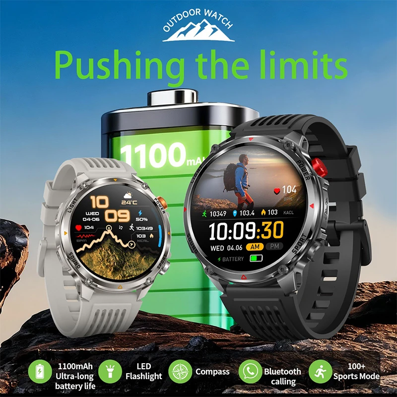 HT45 Smartwatch for Hiking and Outdoor Activities: 1100mAh Large Battery, Compass, Flashlight, and Long Battery Life