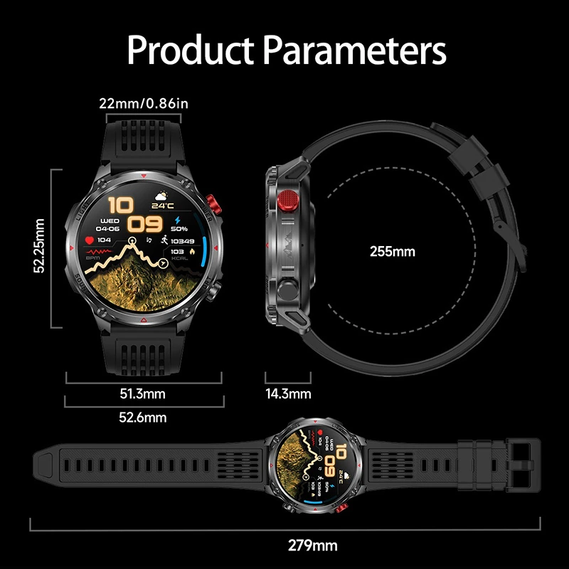 HT45 Smartwatch for Hiking and Outdoor Activities: 1100mAh Large Battery, Compass, Flashlight, and Long Battery Life