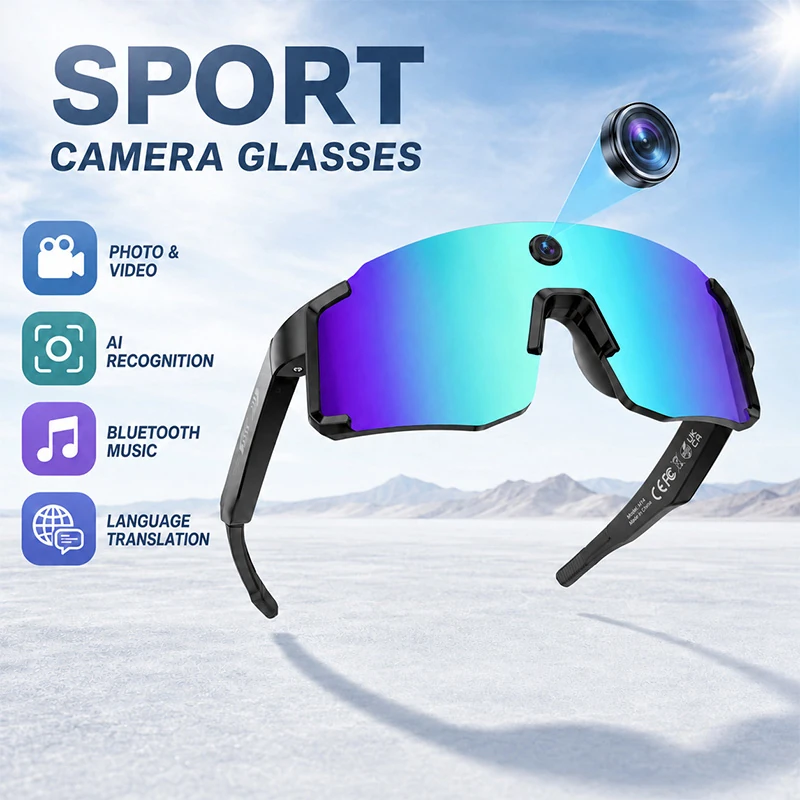 S08 Smart Sports glasses with a built-in camera for taking photos, featuring AI translation, object recognition, and a smart voice assistant