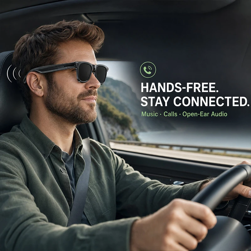 M08E AI Smart Glasses featuring a 13-megapixel HD camera for photo and video, AI translation, and object recognition.