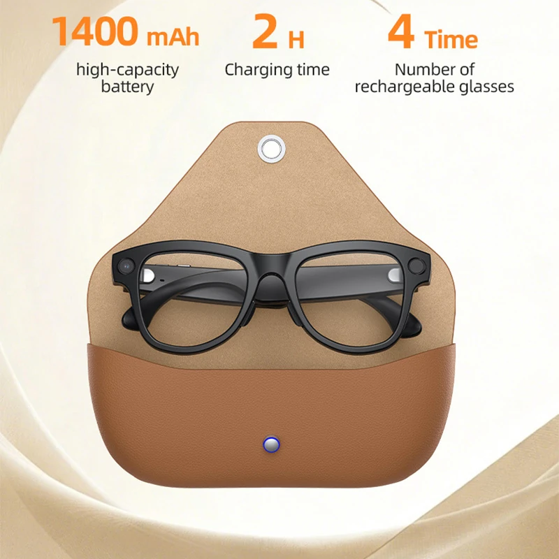 M02X Pro Max Smart Glasses: 8MP camera (photo/video/audio recording), AI assistant, translation function, and genuine leather charging case.