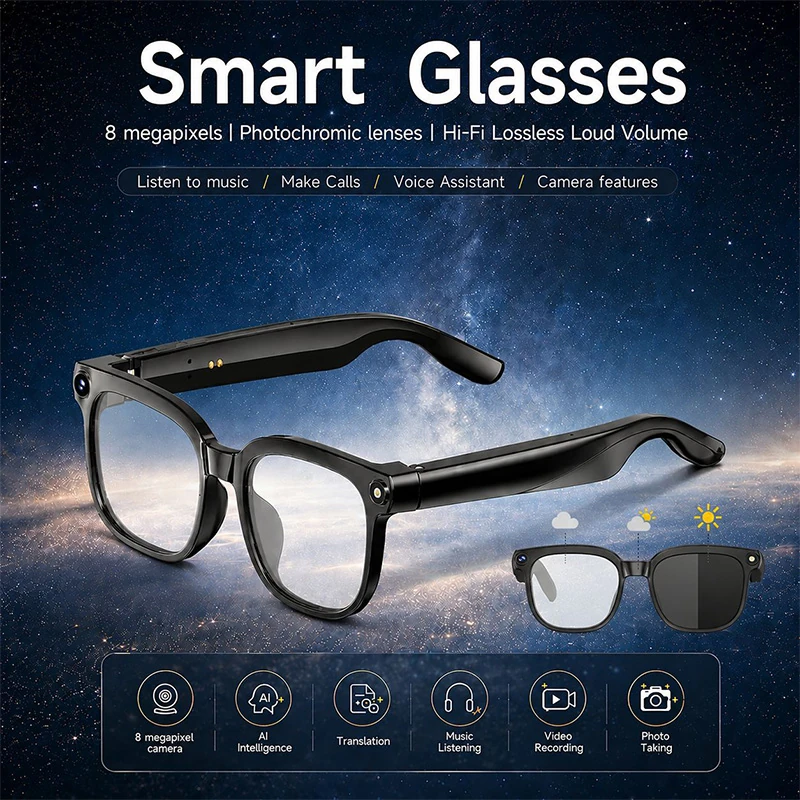 M02S AI Smart Glasses: High-definition 8MP photo and video capabilities, large-frame photochromic lenses, AI translation, and smart Q&A.