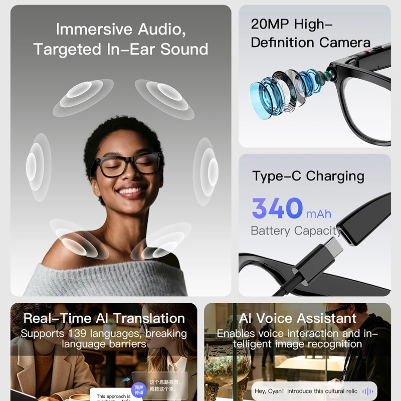 M10 AI Smart Glasses with Camera: Features a 20-megapixel high-definition camera, real-time translation, AI object recognition, and video recording capabilities.
