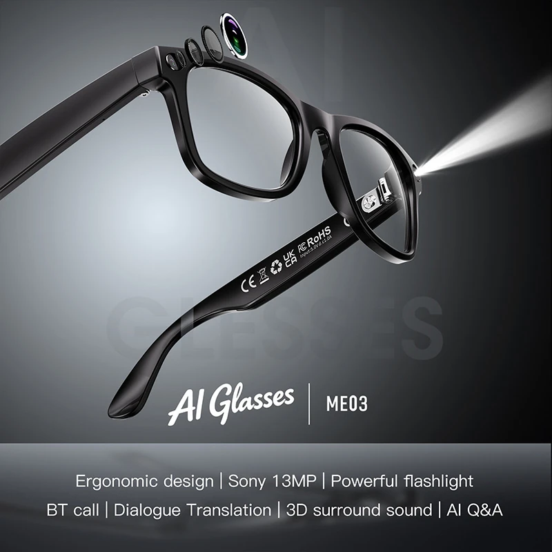 ME03 AI Smart Glasses With Camera: Matching charging case + 8-megapixel camera,Bluetooth Calling, Photo Taking, and Video Recording