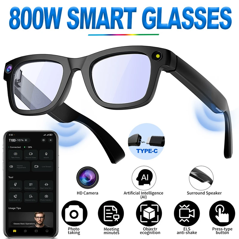 E09 AI Smart Glasses with Camera: : 8MP Video Recording, Simultaneous Interpretation, Intelligent Recognition, Meeting Minutes, AI Smart Glasses