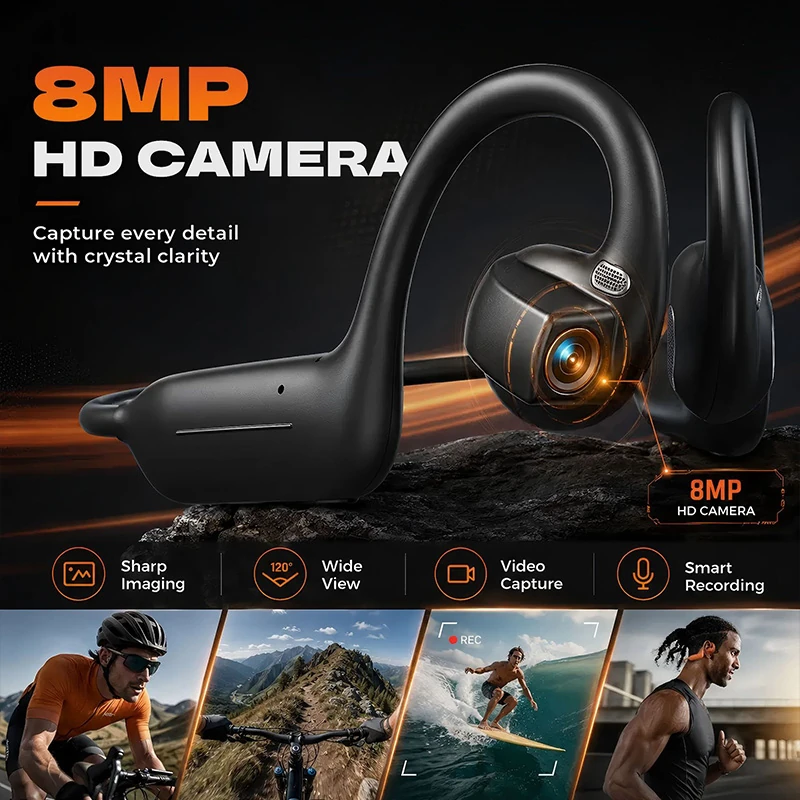 E12 Smart Bluetooth Headset with Camera &ndash; Features Translation, Photo/Video Capture, Audio Recording, and Air Conduction Technology
