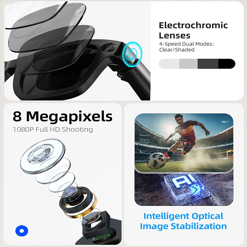 Q03 AI Smart Glasses with Electrochromic Lenses: 8MP HD Photo & Video, Multilingual Translation, and Bluetooth Calling
