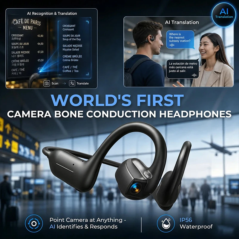 E12 Smart Bluetooth Headset with Camera &ndash; Features Translation, Photo/Video Capture, Audio Recording, and Air Conduction Technology