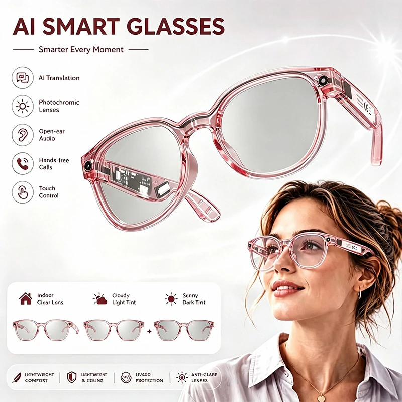 G6 AI Smart Glasses with Camera:  HD video recording, audio recording, 8MP photography,AI translation, and calls.
