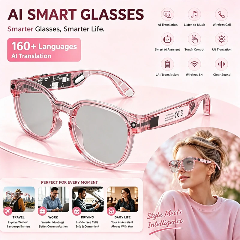 G6 AI Smart Glasses with Camera:  HD video recording, audio recording, 8MP photography,AI translation, and calls.