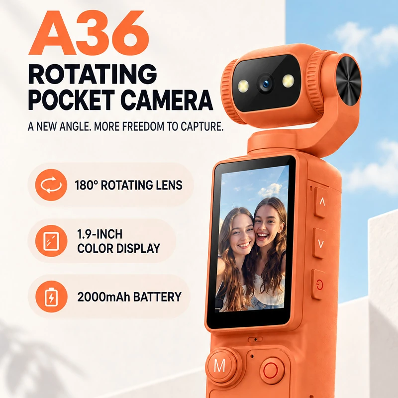 A36 Rotating Pocket Camera: Lightweight and compact design, fits easily in your pocket; features a 1.9-inch color screen and a 2000mAh battery&mdash;perfect for documenting travels and capturing short videos to share