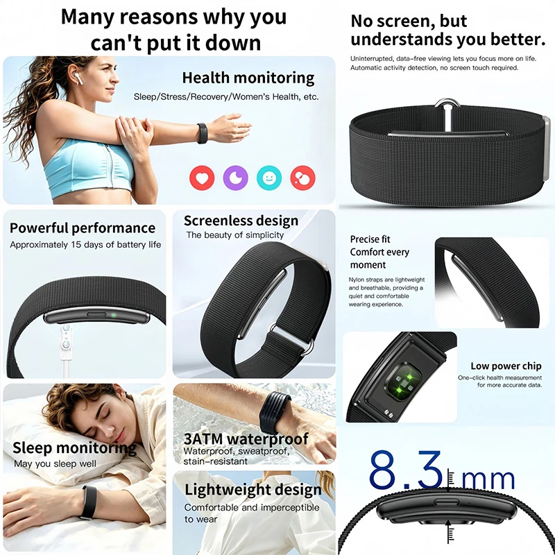 HD51 Slim & Lightweight Smart Bracelet: Screenless Design, 15-Day Battery Life, 3ATM Water Resistance, Multi-Sport Modes, and Remote Camera Control