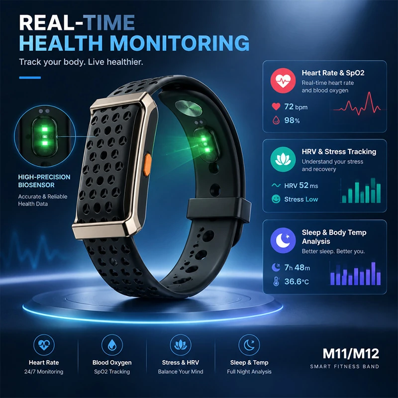 M11 Smart Bracelet: Real-time Heart Rate, Body Temperature, Sleep, HRV, and Stress Monitoring; Call Notifications; Rugged Design for Outdoor Sports