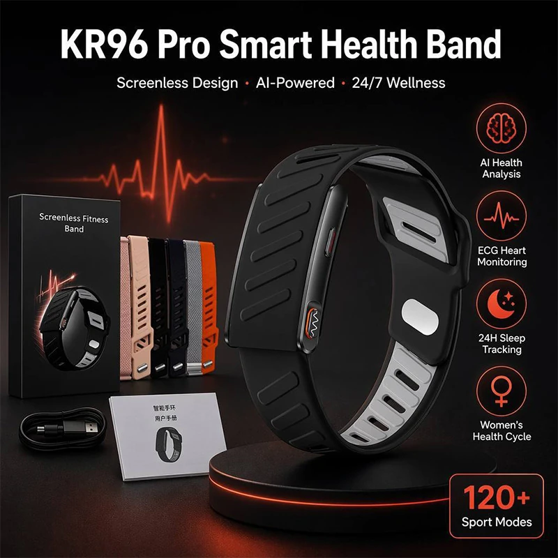 KR96 Pro Smart Bracelet: ECG, HRV, Sleep, Body Temperature, and Blood Glucose Monitoring; Message Notifications (Screenless Design)