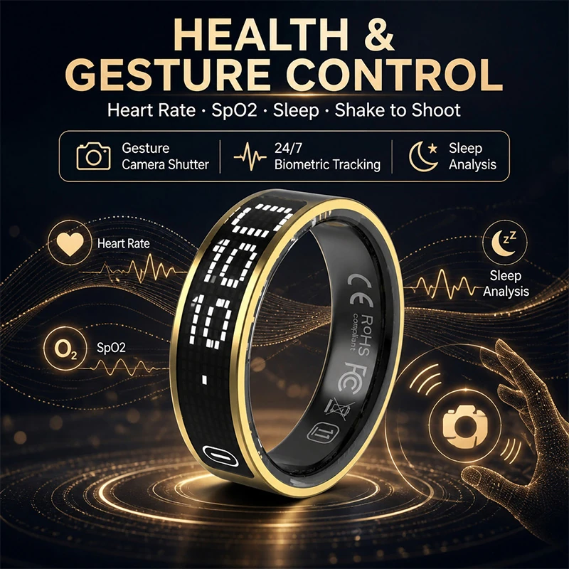 K80 Smart Ring: Real-time step counting, heart rate, blood pressure, and sleep monitoring; features a touch-enabled digital display; rugged, outdoor-ready design; 5ATM water resistance