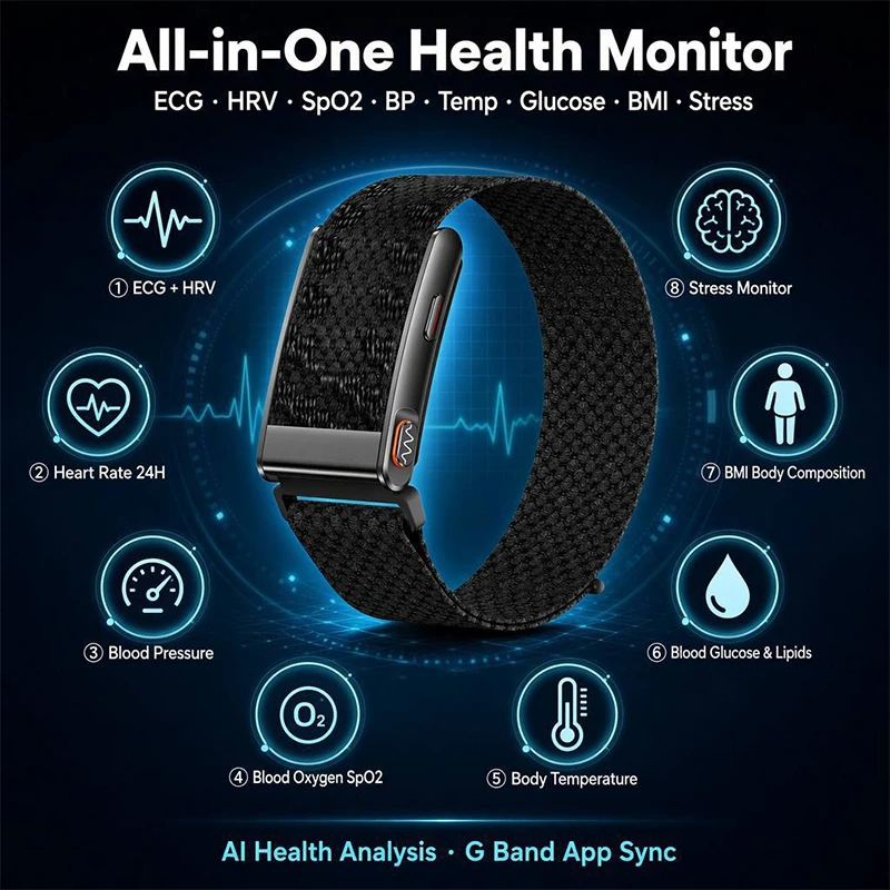 KR96 Pro Smart Bracelet: ECG, HRV, Sleep, Body Temperature, and Blood Glucose Monitoring; Message Notifications (Screenless Design)