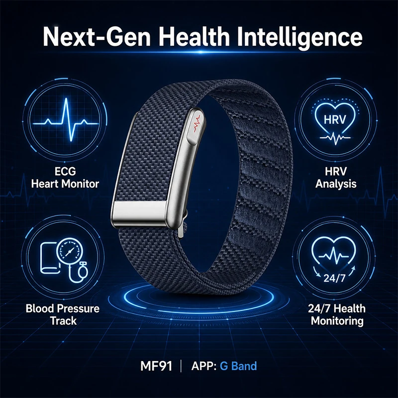 MF91 Smart Bracelet: Real-time Heart Rate, ECG, Body Temperature, Blood Pressure, Sleep, and HRV Monitoring; Deeply Waterproof, Rugged, and Sports-Ready