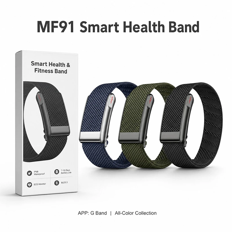 MF91 Smart Bracelet: Real-time Heart Rate, ECG, Body Temperature, Blood Pressure, Sleep, and HRV Monitoring; Deeply Waterproof, Rugged, and Sports-Ready