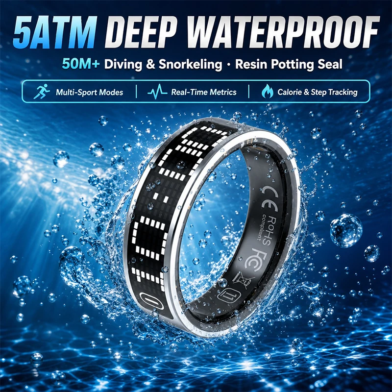 K80 Smart Ring: Real-time step counting, heart rate, blood pressure, and sleep monitoring; features a touch-enabled digital display; rugged, outdoor-ready design; 5ATM water resistance