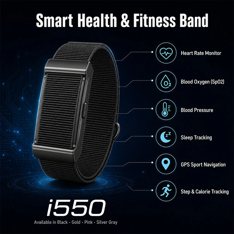 I550 Smart Bracelet: Real-time Heart Rate, Step Counting, Sleep & Blood Pressure Monitoring, Bluetooth Notifications, and GPS Activity Tracking